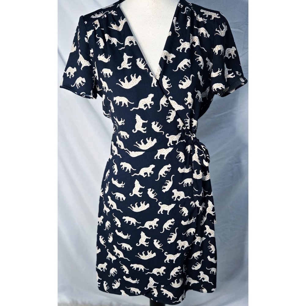 J Crew Wrap Dress Leopard Animal Print Mini A Line V Neck Navy Blue